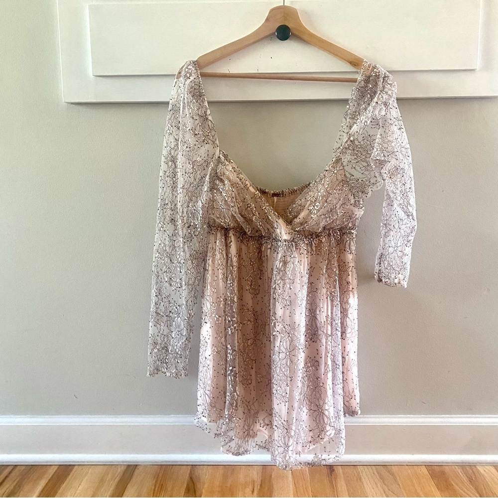 Free People Heavenly Lace Tunic in Champagne Toast Size Medium Cream Sheer - Picture 3 of 8